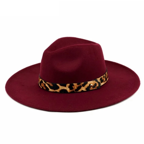 🛍🆕BURGUNDY LEOPARD BAND PANAMA FEDORA HAT - Picture 3 of 4